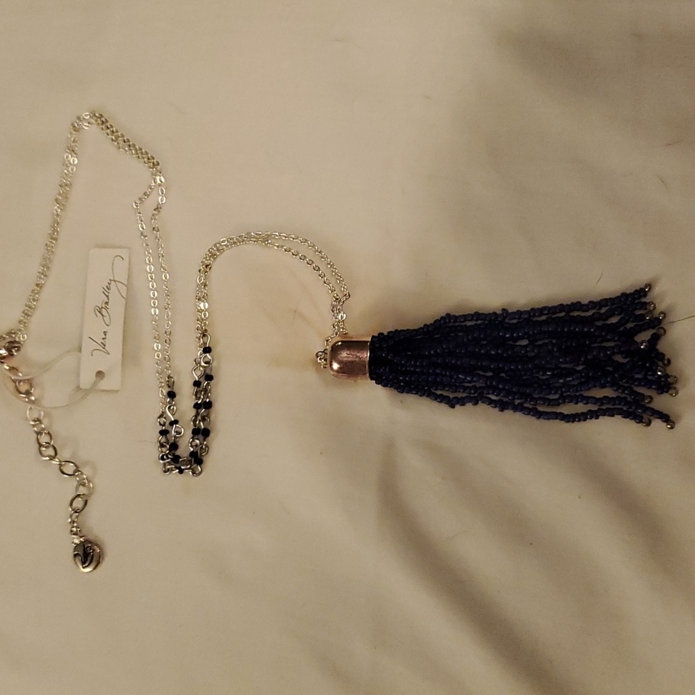 Vera Bradley Beaded Tassel Long Silvertone Necklace